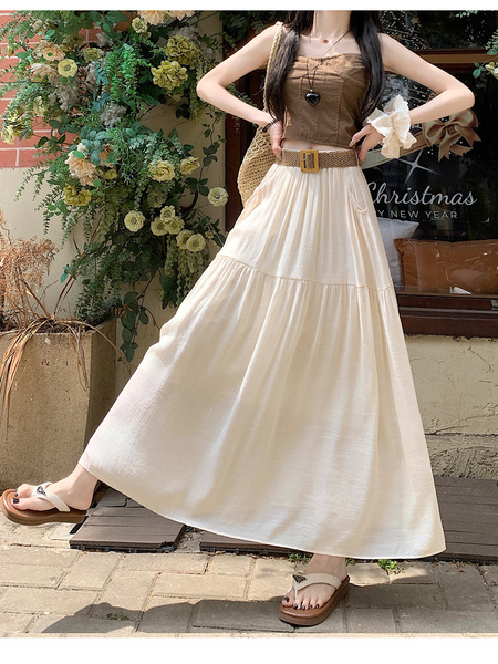 Real Shot Cotton and Linen Skirt for Women in Summer 2025 New Korean Style Pocket Cake Skirt Mid-Length Swing Skirt - Cream White