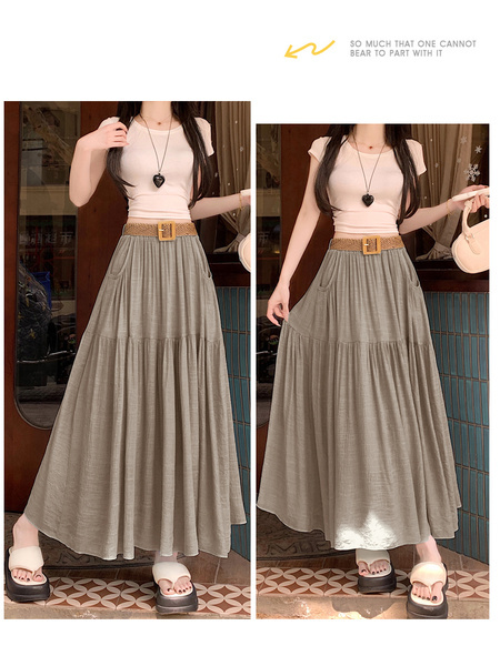 Real Shot Cotton and Linen Skirt for Women in Summer 2025 New Korean Style Pocket Cake Skirt Mid-Length Swing Skirt - Beige