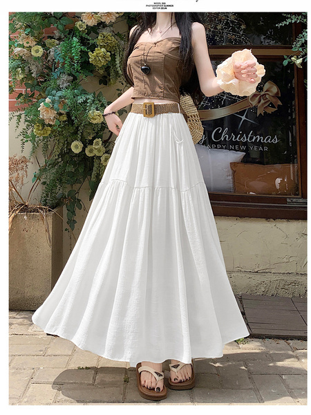 Real Shot Cotton and Linen Skirt for Women in Summer 2025 New Korean Style Pocket Cake Skirt Mid-Length Swing Skirt - White