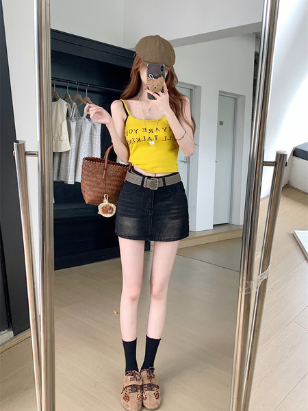 Real Shot and Real Price - American Retro Denim Skirt Female New High Waist Hot Girl A-Line Hip Skirt with Lining - Black
