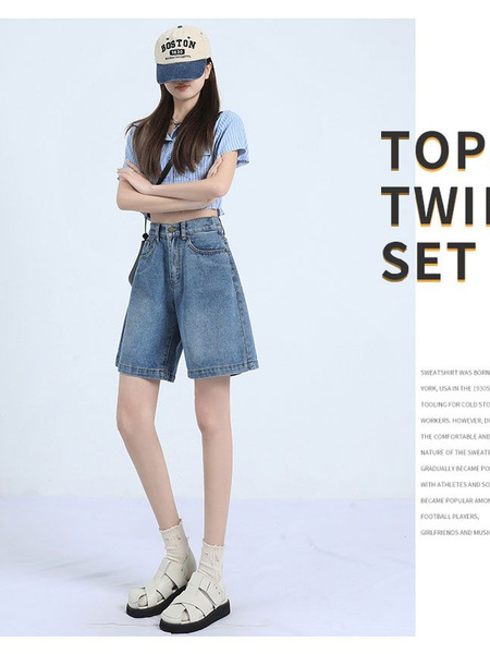 Real Shot of Blue Jeans Women's 2024 Spring New All-Match Shorts Elastic Waist Fashionable A-Line Pants Trend - Light Blue