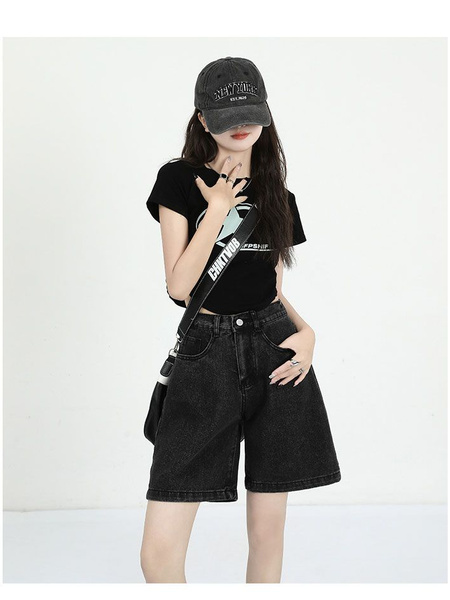 Real Shot of Blue Jeans Women's 2024 Spring New All-Match Shorts Elastic Waist Fashionable A-Line Pants Trend - Black