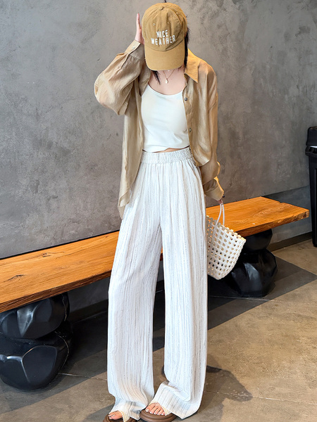 Real Shot of the New 2025 Summer Tie-Dyed Tencel Linen Wide-Leg Pants for Women in Cream with Subtle Stripes