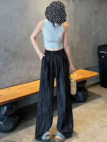 Real Shot of the New 2025 Summer Tie-Dyed Tencel Linen Wide-Leg Pants for Women in Black with Subtle Stripes