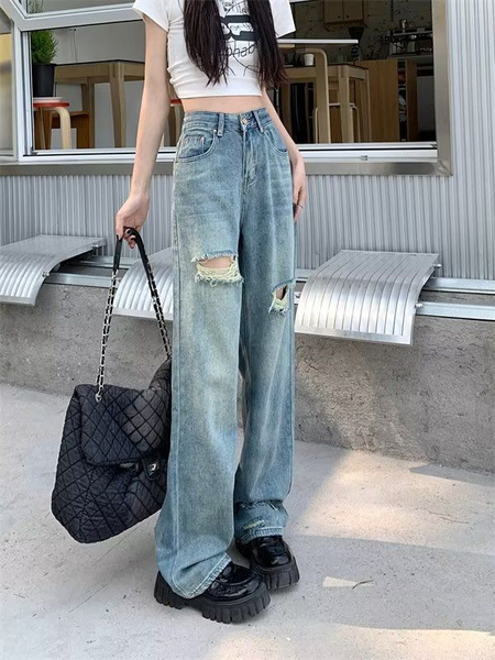 Retro Ripped Jeans for Women in Light Blue