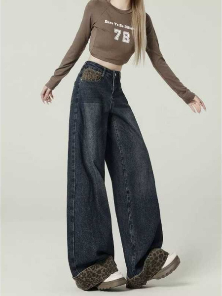merican Retro Leopard Print Hem Jeans for Women in Dark Wash