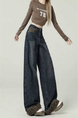 merican Retro Leopard Print Hem Jeans for Women in Dark Wash