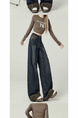 merican Retro Leopard Print Hem Jeans for Women in Dark Wash