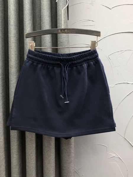 Korean Elastic Waist Drawstring Knitted Skirt Pants Women's Fashionable Foreign Style Fake Two-Piece A-Line Sports Wide-Leg in Navy Blue