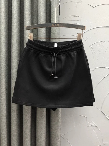 Korean Elastic Waist Drawstring Knitted Skirt Pants Women's Fashionable Foreign Style Fake Two-Piece A-Line Sports Wide-Leg in Black