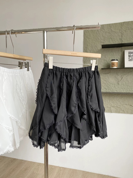 Korean Style Ruffled Lace Irregular Skirt Female Summer New High Waist Slim A-Line Cake Skirt in Black