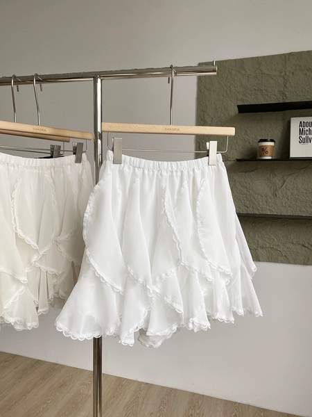 Korean Style Ruffled Lace Irregular Skirt Female Summer New High Waist Slim A-Line Cake Skirt in White