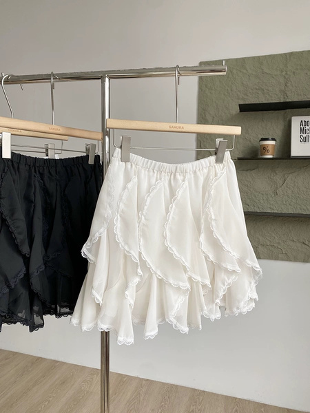 Korean Style Ruffled Lace Irregular Skirt Female Summer New High Waist Slim A-Line Cake Skirt in Beige