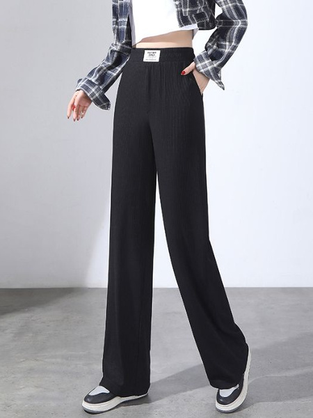 Pocket Ice Silk Wide-Leg Pants for Women 2025 Summer Thin High Waist Slim Drape Loose Straight Casual Pants in Black