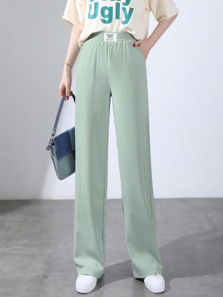 Pocket Ice Silk Wide-Leg Pants for Women 2025 Summer Thin High Waist Slim Drape Loose Straight Casual Pants in Green