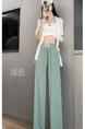Pocket Ice Silk Wide-Leg Pants for Women 2025 Summer Thin High Waist Slim Drape Loose Straight Casual Pants in Green