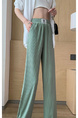Pocket Ice Silk Wide-Leg Pants for Women 2025 Summer Thin High Waist Slim Drape Loose Straight Casual Pants in Green