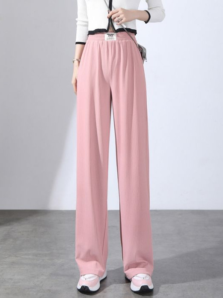 Pocket Ice Silk Wide-Leg Pants for Women 2025 Summer Thin High Waist Slim Drape Loose Straight Casual Pants in Pink