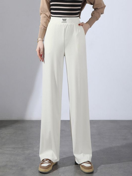 Pocket Ice Silk Wide-Leg Pants for Women 2025 Summer Thin High Waist Slim Drape Loose Straight Casual Pants in White
