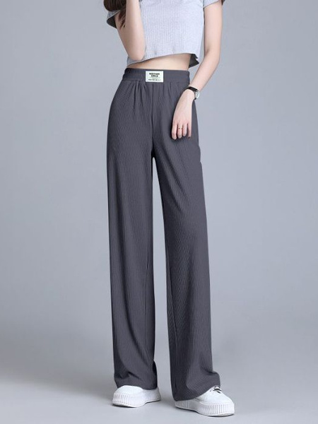Pocket Ice Silk Wide-Leg Pants for Women 2025 Summer Thin High Waist Slim Drape Loose Straight Casual Pants in Grey
