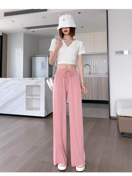 Pocket Ice Silk Wide-Leg Pants for Women 2025 Summer - New Thin High Waist Slim Drape Loose Straight Casual Pants in Pink