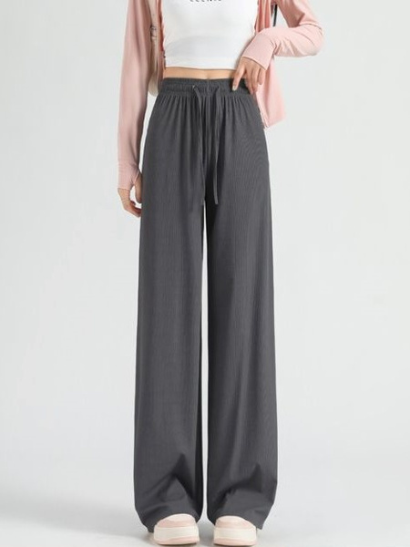 Pocket Ice Silk Wide-Leg Pants for Women 2025 Summer - New Thin High Waist Slim Drape Loose Straight Casual Pants in Dark Gray