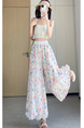 Real Shot of Colorful Flower Bud Wide-Leg Pants for Women in Summer Thin High Waist Drape Small Size Lantern Casual in White