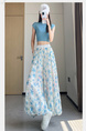 Real Shot of Colorful Flower Bud Wide-Leg Pants for Women in Summer Thin High Waist Drape Small Size Lantern Casual in Light Blue