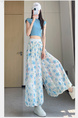 Real Shot of Colorful Flower Bud Wide-Leg Pants for Women in Summer Thin High Waist Drape Small Size Lantern Casual in Light Blue