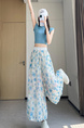 Real Shot of Colorful Flower Bud Wide-Leg Pants for Women in Summer Thin High Waist Drape Small Size Lantern Casual in Light Blue