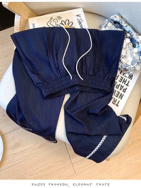 Real Shot High Waist Versatile Women's Wide-Leg Pants Summer Silk Cool Sense Loose Fit Slimming Casual Lace in Navy Blue