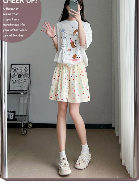 Rainbow Polka Dot Ice Silk Shorts for Women - Summer Thin 2025 New Casual High Waist Sports Mid-Length Pants Wide Leg