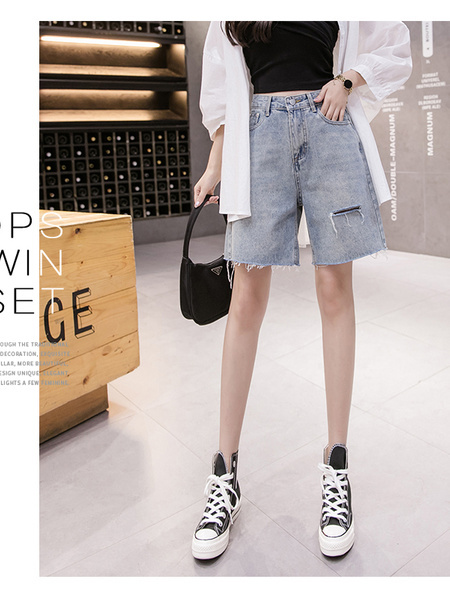 Real Shot of 2025 Large Size Denim Shorts for Women - Summer High Waist Loose Hong Kong Style Straight Tube Five-Point Wide-Leg Pants