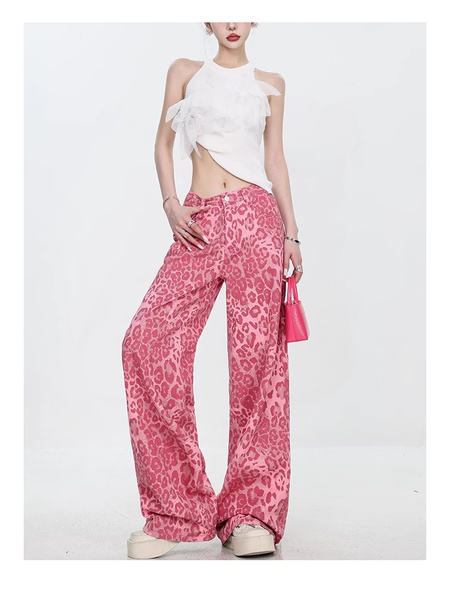 ABWEAR Dopamine Summer New Pink Leopard Jeans - Women's Thin Straight Slim Loose Wide Leg Mopping Trousers
