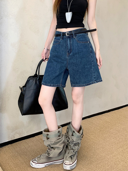 Real Shot and Real Price ~ Retro Washed Dark Blue Wide-Leg Denim Shorts for Women - New High Waist Loose A-Line All-Match