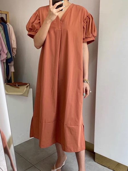 Terracotta Korean Ins Summer V-Neck Loose Medium-Length Casual Slim Short-Sleeved Dress for Women with Pockets on Both Sides