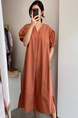 Terracotta Korean Ins Summer V-Neck Loose Medium-Length Casual Slim Short-Sleeved Dress for Women with Pockets on Both Sides