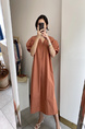 Terracotta Korean Ins Summer V-Neck Loose Medium-Length Casual Slim Short-Sleeved Dress for Women with Pockets on Both Sides