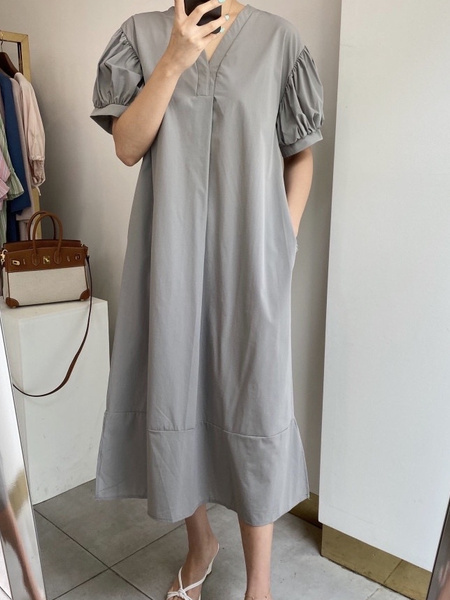 Gray Korean Ins Summer V-Neck Loose Medium-Length Casual Slim Short-Sleeved Dress for Women with Pockets on Both Sides