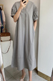 Gray Korean Ins Summer V-Neck Loose Medium-Length Casual Slim Short-Sleeved Dress for Women with Pockets on Both Sides