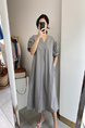 Gray Korean Ins Summer V-Neck Loose Medium-Length Casual Slim Short-Sleeved Dress for Women with Pockets on Both Sides