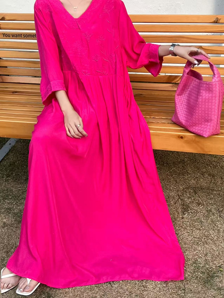 Bright Pink Real Shot Spot 2025 New Loose Thin Over the Knee Long Dress