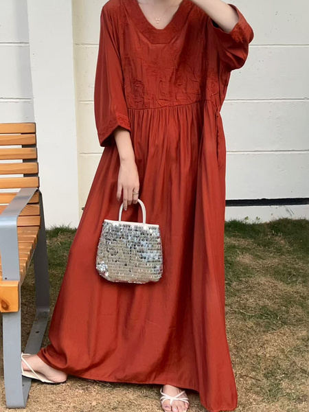 Terracotta Real Shot Spot 2025 New Loose Thin Over the Knee Long Dress