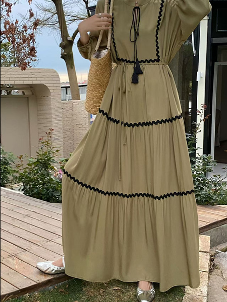 Olive Green Real Shot Spot 2025 New Loose Thin Over the Knee Long Dress