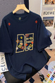 Navy Blue Real Shot 32 Double Yarn Cotton Short-Sleeved T-shirt Summer 2025 New Mid-Length Shoulder Embroidery Round Neck Top Women's Clothing