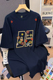 Navy Blue Real Shot 32 Double Yarn Cotton Short-Sleeved T-shirt Summer 2025 New Mid-Length Shoulder Embroidery Round Neck Top Women's Clothing