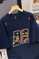 Navy Blue Real Shot 32 Double Yarn Cotton Short-Sleeved T-shirt Summer 2025 New Mid-Length Shoulder Embroidery Round Neck Top Women's Clothing