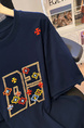 Navy Blue Real Shot 32 Double Yarn Cotton Short-Sleeved T-shirt Summer 2025 New Mid-Length Shoulder Embroidery Round Neck Top Women's Clothing