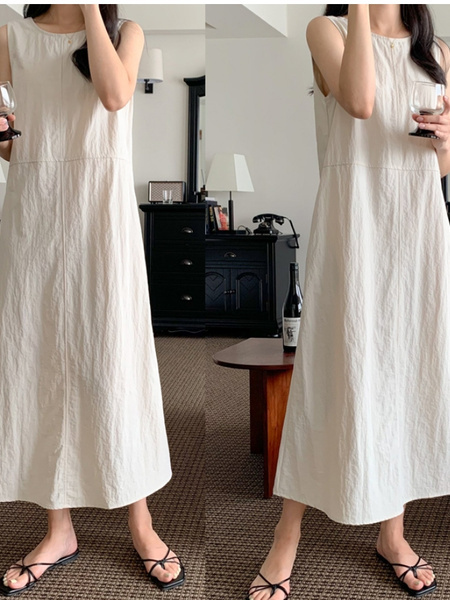Korean Chic Retro Round Neck Open Line Backless Design Loose Long Vest Cotton and Linen Dress for Women - Color: Beige