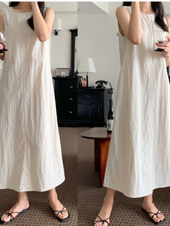 Korean Chic Retro Round Neck Open Line Backless Design Loose Long Vest Cotton and Linen Dress for Women - Color: Beige